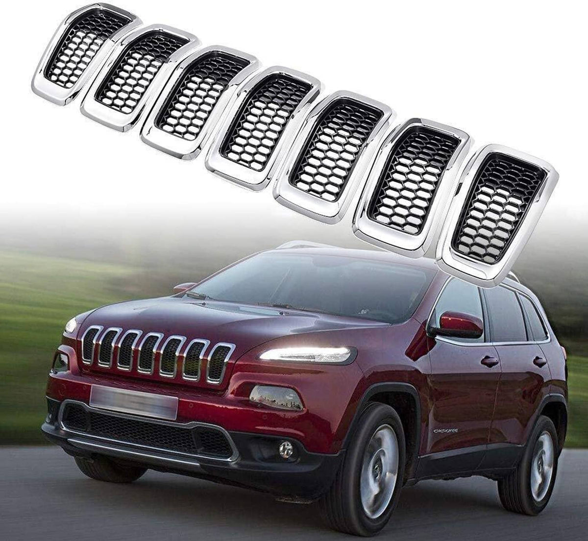 Solidspare 7x Chrome Front Bumper Grille Insert Honeycomb Mesh For 2014-2018 Jeep Cherokee