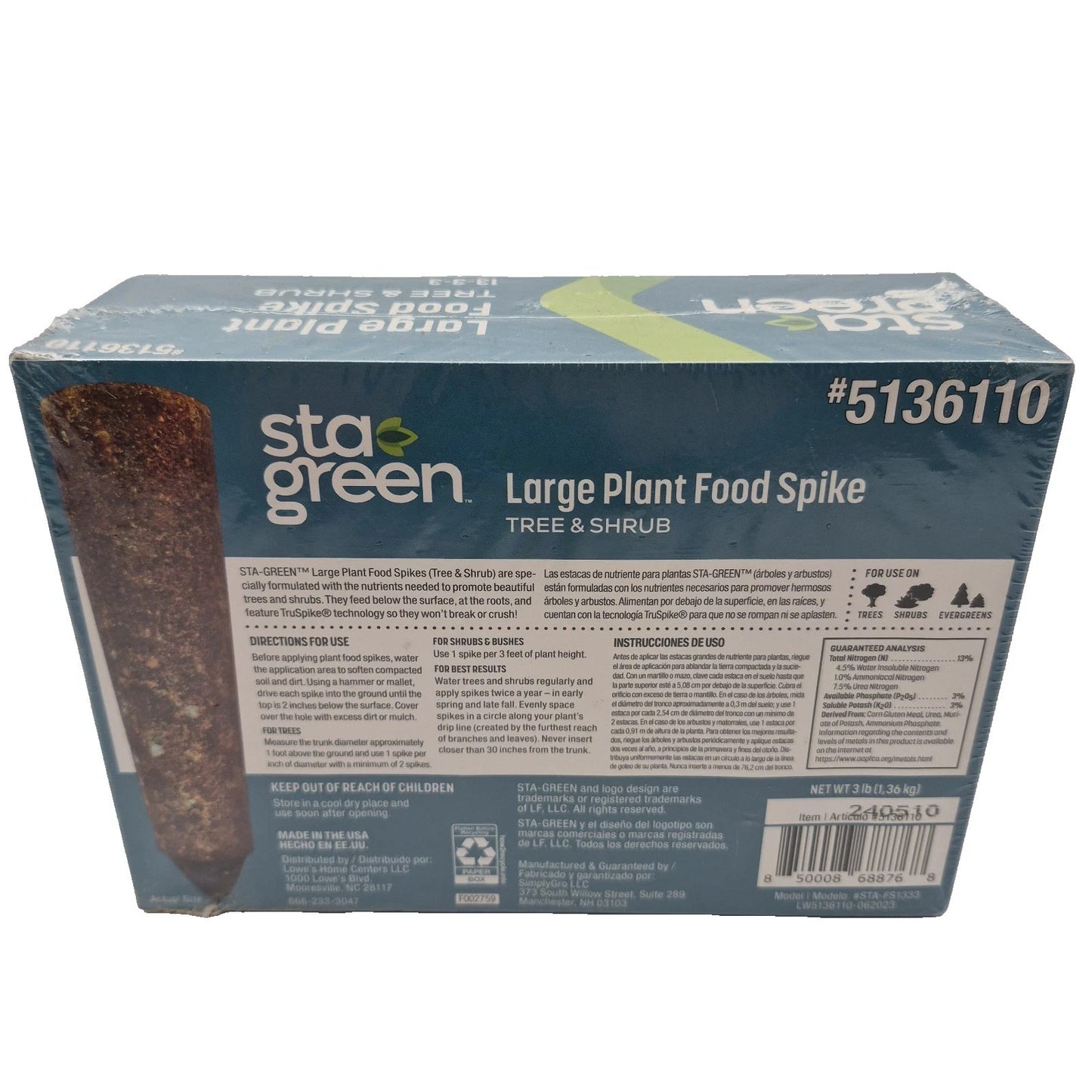 Sta-Green Large Plant Food Spike Trees & Shrubs Nutrition 12 Spikes 13-3-3 NKP