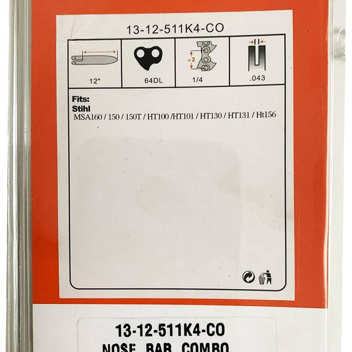 Solid Spare 12” GUIDE BAR AND CHAIN 1/4" .043 64DL FOR STIHL MS150TCE MSA160 3670 005 0064