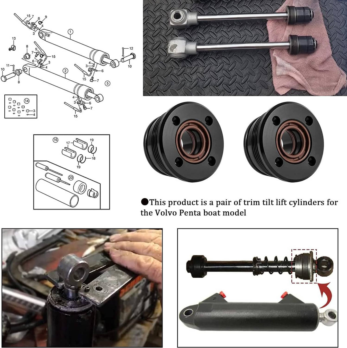 Solid Spare 2Pcs Trim Tilt Cylinder RAM End Cap Rebuild/Repair Kit for Volvo Penta 290 DP SP