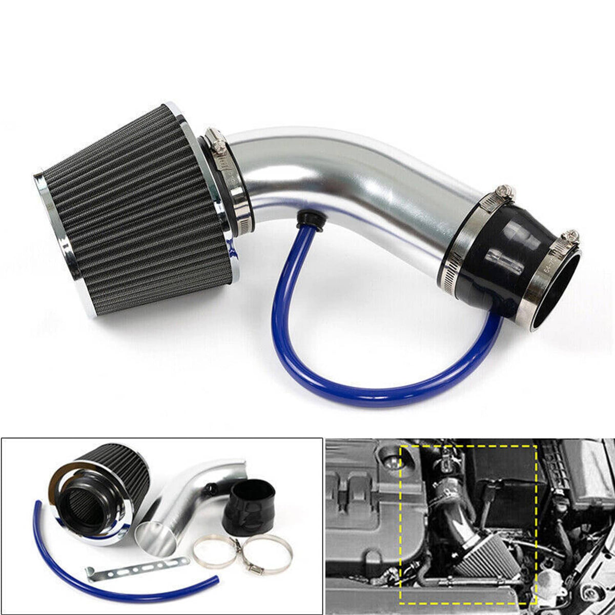 Solidspare Silver 3" Universal Cold Air Intake Kit Induction Flow Pipe Kit Aluminium New