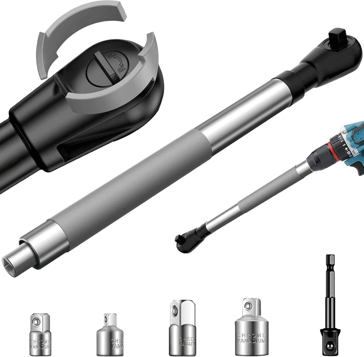 Solid Spare 1/2" Offset Extension Wrench Impact Ratchet Extender for Electric Drill 3/8" 1/4