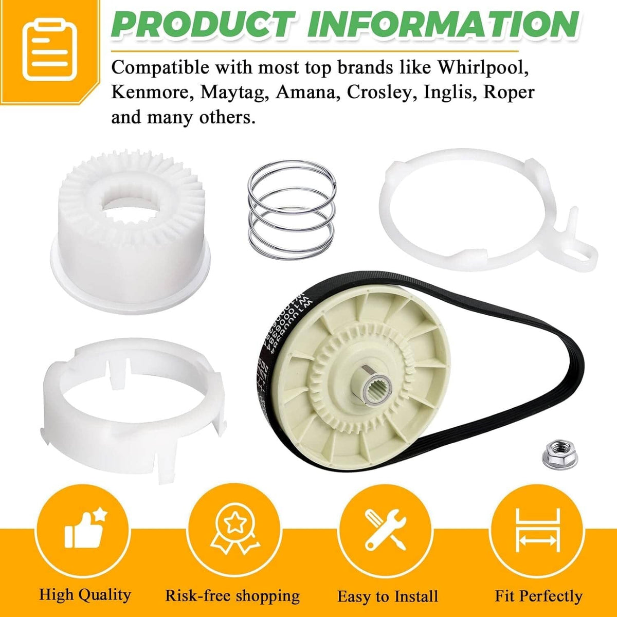 Solid Spare Washer Pulley Clutch Kit & Drive Belt for Whirlpool Kenmore Maytag