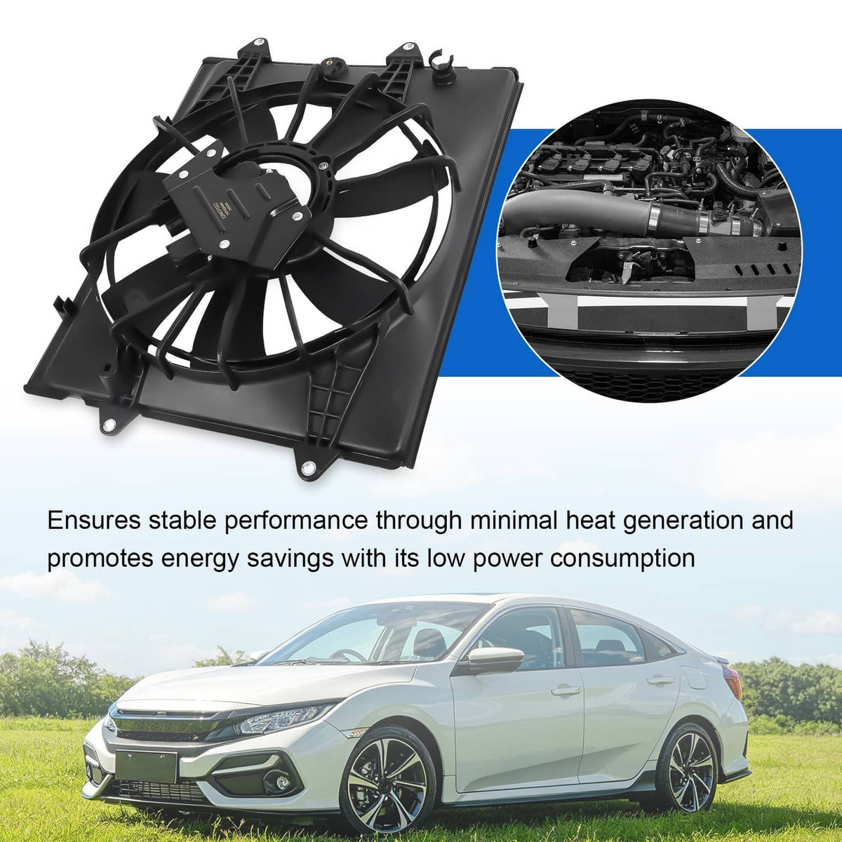 Solidspare Radiator Cooling Fan Assembly Fits 2016-2021 Civic 2.0L 190155BAA01 190305BAA01