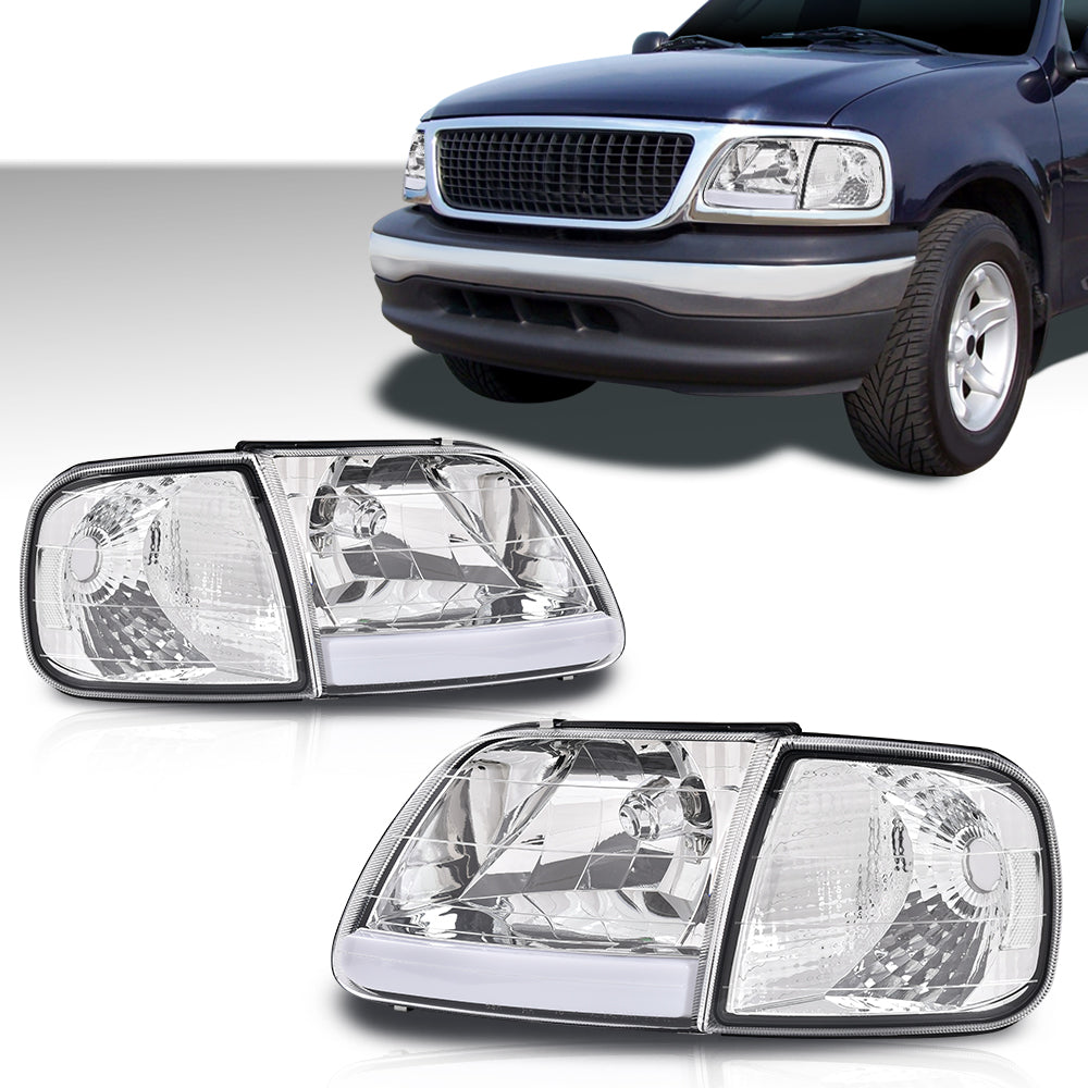 Solid Spare Fit For 97-03 F150/99-02 Expedition LED Tube Headlights+Corner Lights Chrome