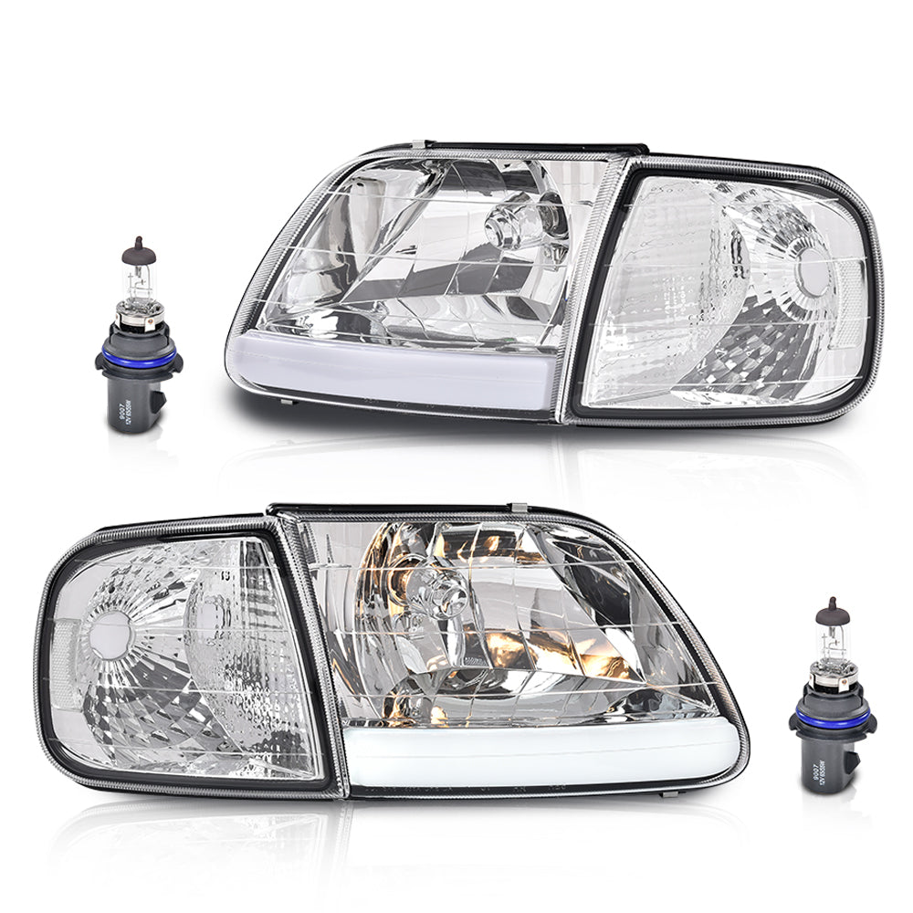 Solid Spare Fit For 97-03 F150/99-02 Expedition LED Tube Headlights+Corner Lights Chrome