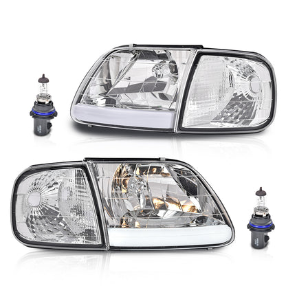 Solid Spare Fit For 97-03 F150/99-02 Expedition LED Tube Headlights+Corner Lights Chrome