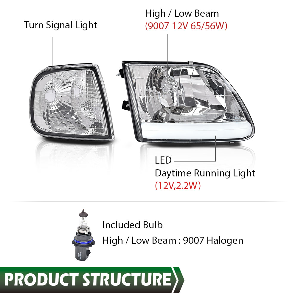 Solid Spare Fit For 97-03 F150/99-02 Expedition LED Tube Headlights+Corner Lights Chrome