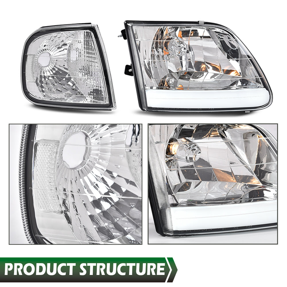 Solid Spare Fit For 97-03 F150/99-02 Expedition LED Tube Headlights+Corner Lights Chrome