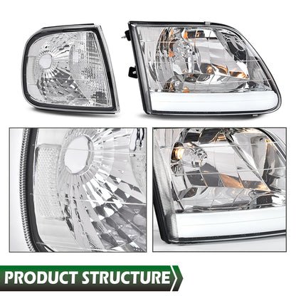Solid Spare Fit For 97-03 F150/99-02 Expedition LED Tube Headlights+Corner Lights Chrome