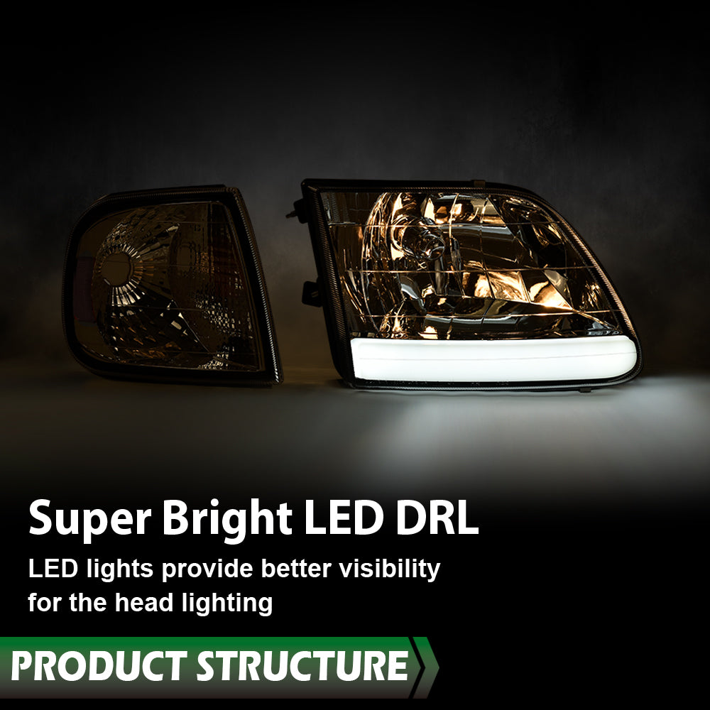 Solid Spare Fit For 97-03 F150/99-02 Expedition LED Tube Headlights+Corner Lights Chrome