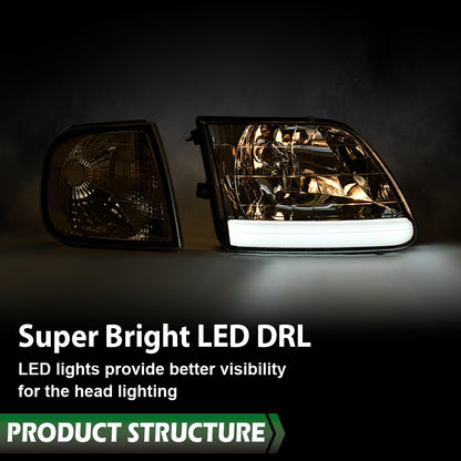 Solid Spare Fit For 97-03 F150/99-02 Expedition LED Tube Headlights+Corner Lights Chrome