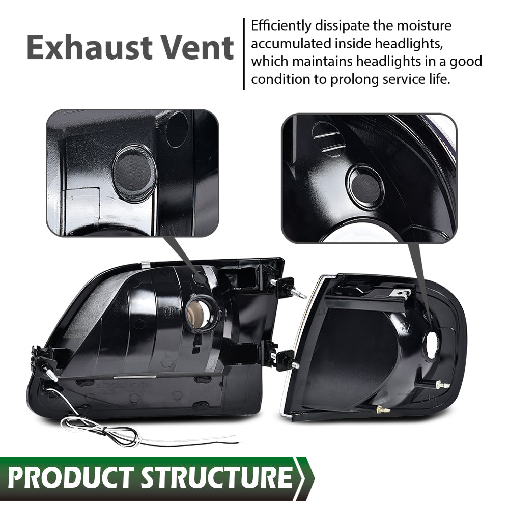 Solid Spare Fit For 97-03 F150/99-02 Expedition LED Tube Headlights+Corner Lights Chrome