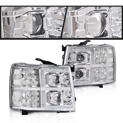 Solid Spare LED DRL Projector Headlights Chrome Fit For 07-13 Chevy Silverado 1500/2500/3500