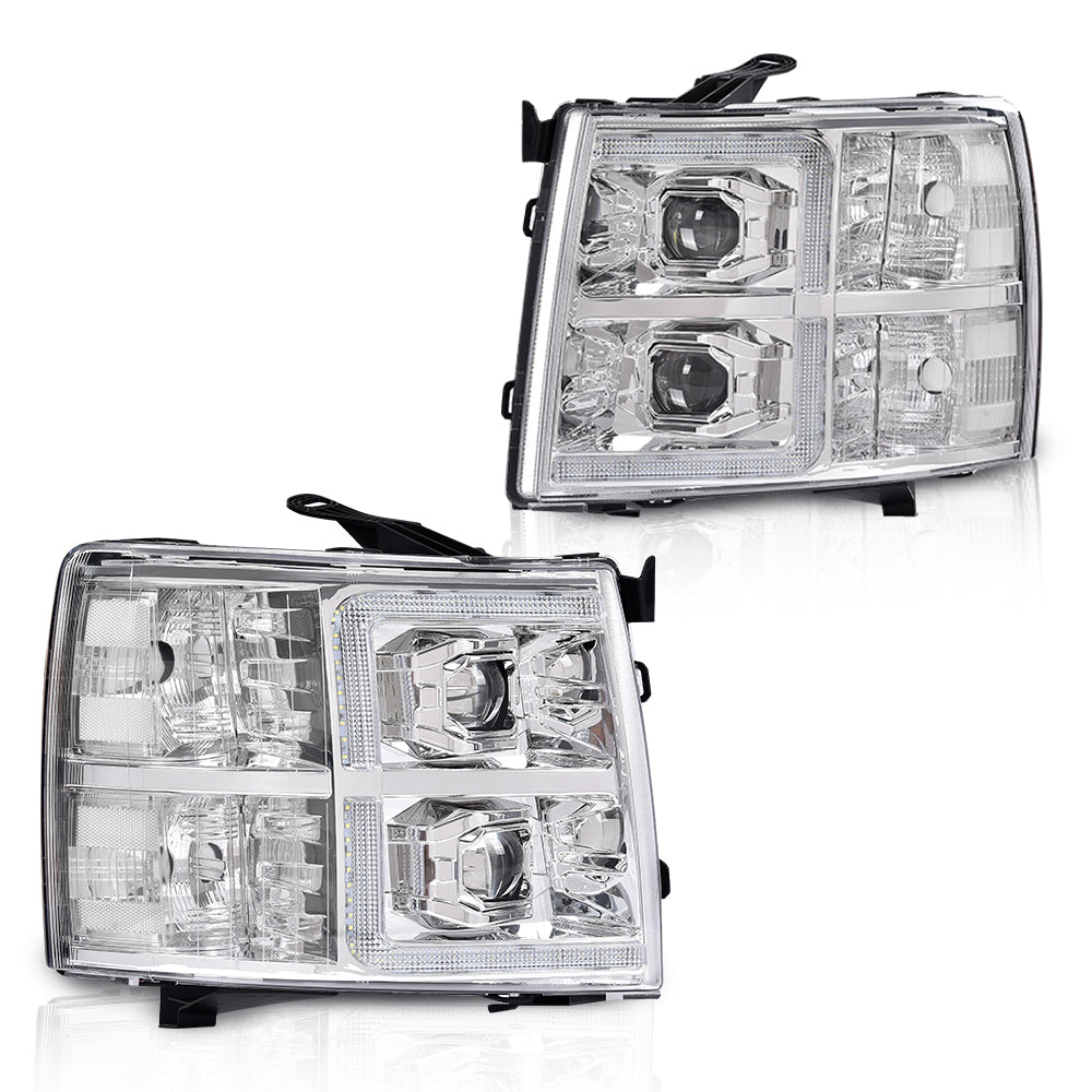Solid Spare LED DRL Projector Headlights Chrome Fit For 07-13 Chevy Silverado 1500/2500/3500