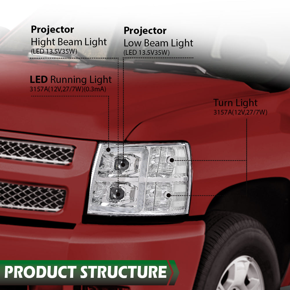 Solid Spare LED DRL Projector Headlights Chrome Fit For 07-13 Chevy Silverado 1500/2500/3500