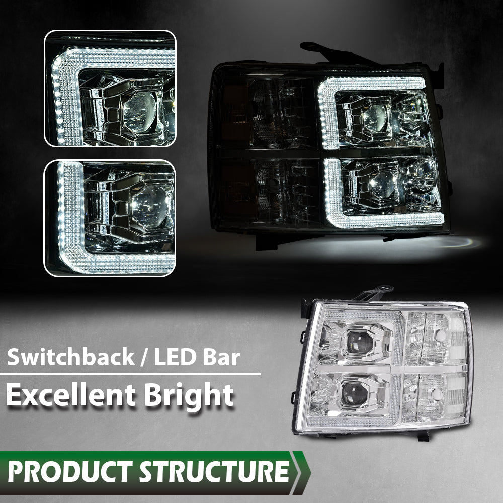 Solid Spare LED DRL Projector Headlights Chrome Fit For 07-13 Chevy Silverado 1500/2500/3500