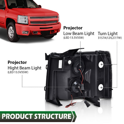 Solid Spare LED DRL Projector Headlights Chrome Fit For 07-13 Chevy Silverado 1500/2500/3500