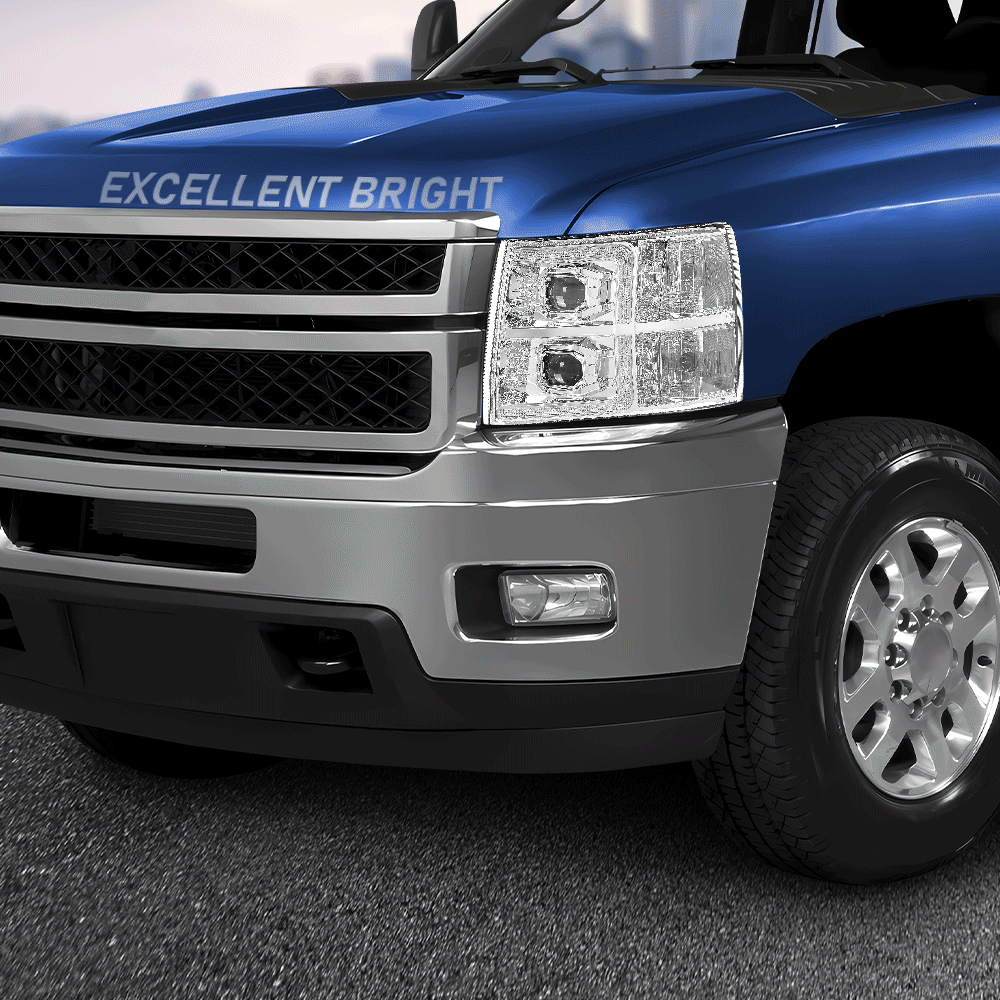 Solid Spare LED DRL Projector Headlights Chrome Fit For 07-13 Chevy Silverado 1500/2500/3500