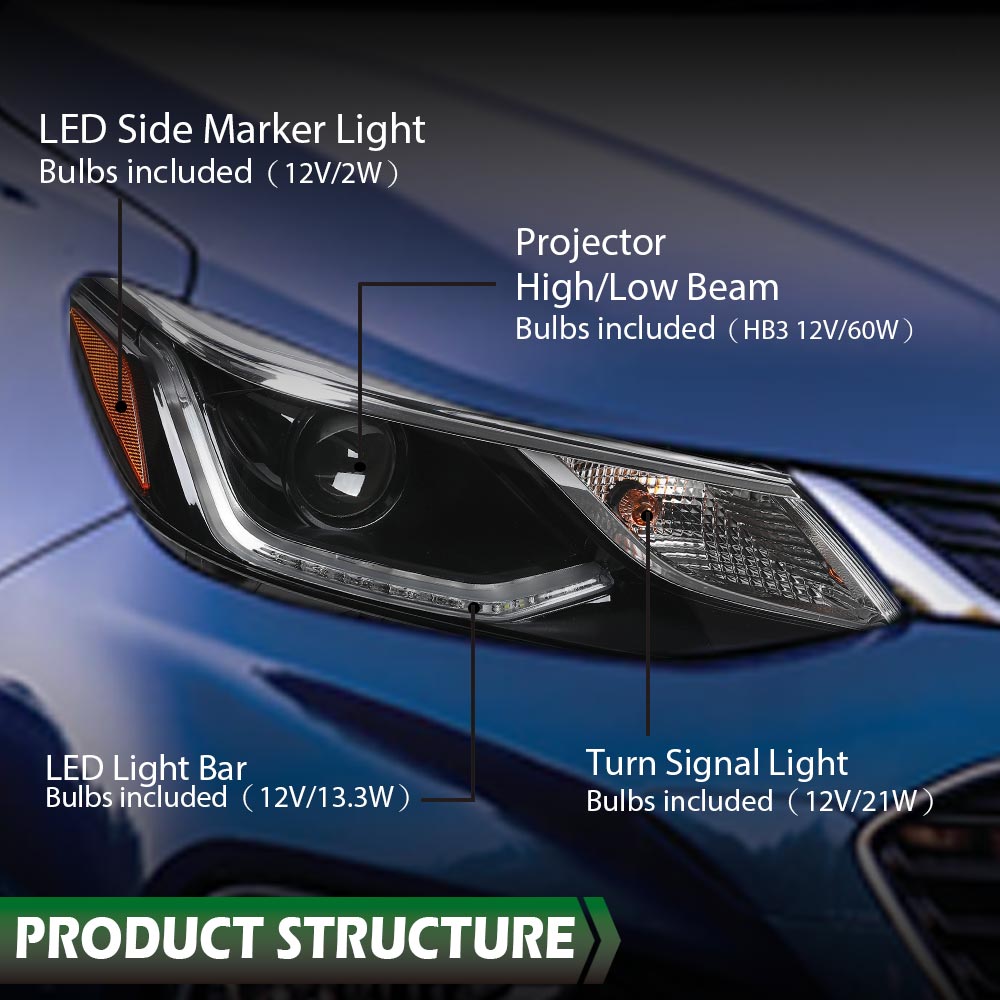 Solid Spare Projector Headlights Headlamps w/ LED DRL Fit For 16-19 Chevy Cruze Left+Right