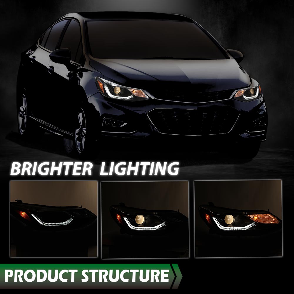 Solid Spare Projector Headlights Headlamps w/ LED DRL Fit For 16-19 Chevy Cruze Left+Right