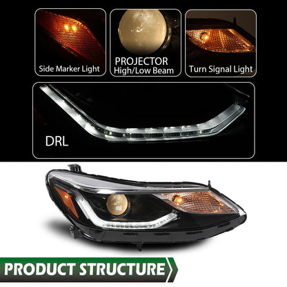 Solid Spare Projector Headlights Headlamps w/ LED DRL Fit For 16-19 Chevy Cruze Left+Right