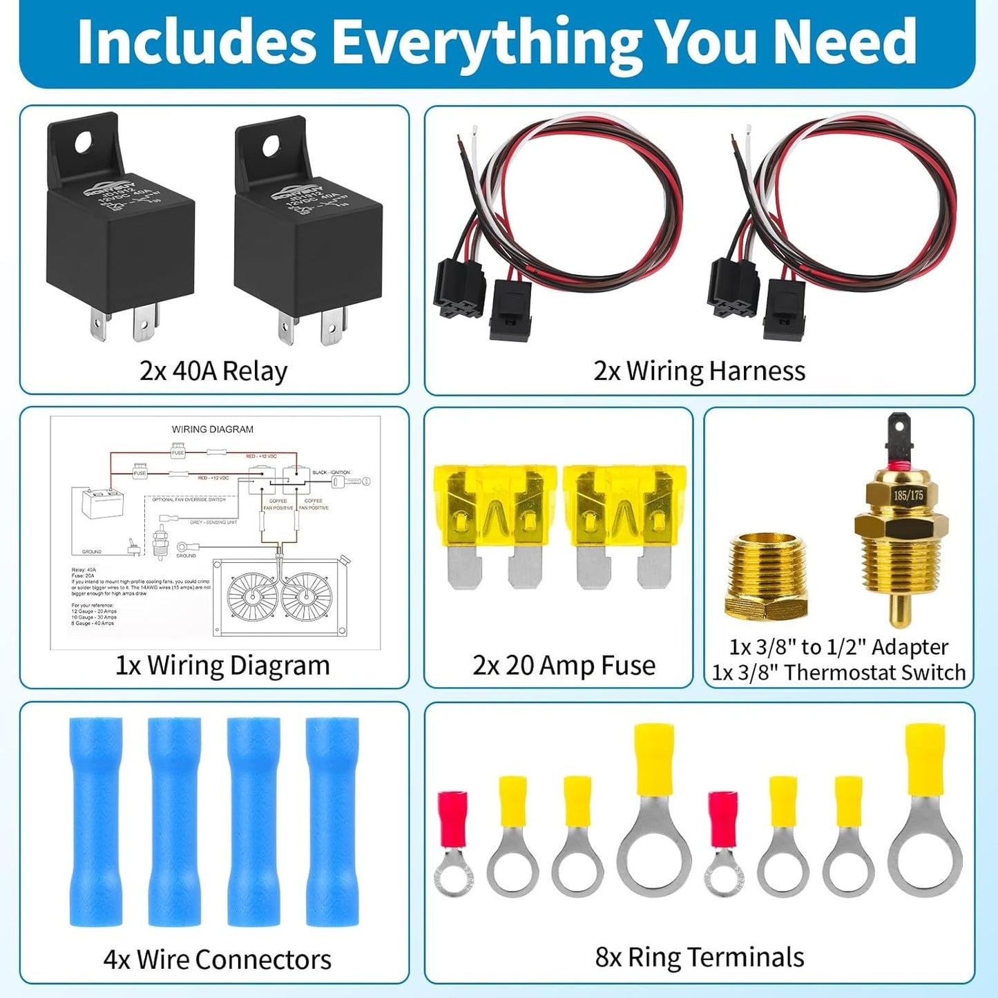 Dual Electric Cooling Fan Wiring Relay Kit 185 On 175 Off Thermostat 12V 40 Amp