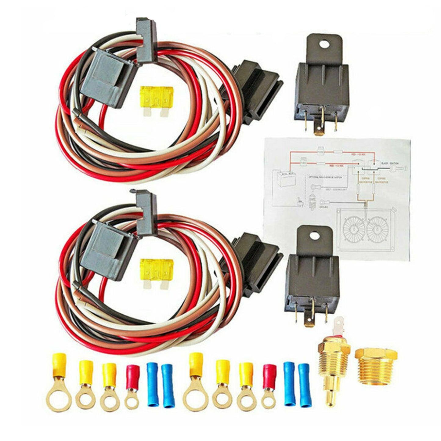 Dual Electric Cooling Fan Wiring Relay Kit 185 On 175 Off Thermostat 12V 40 Amp