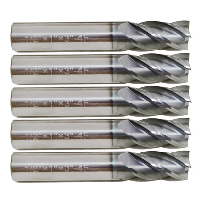5 PCS 1/2" 4 FLUTE CARBIDE END MILL - REGULAR LENGTH - TiALN COATED New