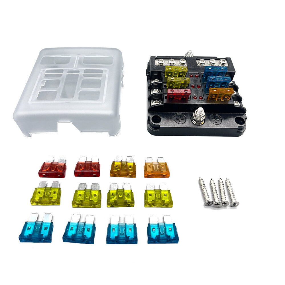 6Way Car Boot Power Distribution 12/24V Blade Fuse Holder Box Block Panel Board
