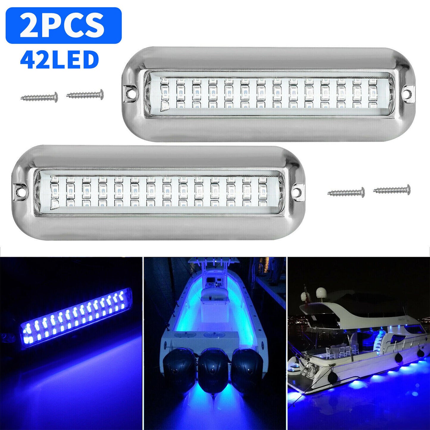 2x 42 LED Blue 316 Stainless Steel Underwater Boat Marine Transom Lights Pontoon