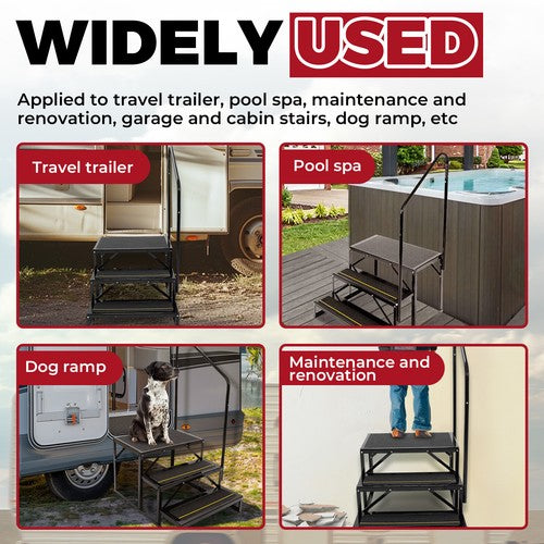 Solid Spare 660lbs Anti-Slip 3 Step Stair W/ Handrail For RV Camper Hot Tub Portable