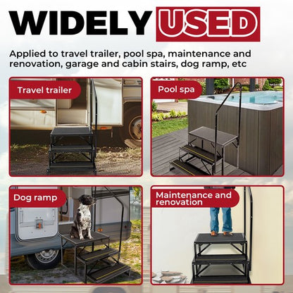 Solid Spare 660lbs Anti-Slip 3 Step Stair W/ Handrail For RV Camper Hot Tub Portable