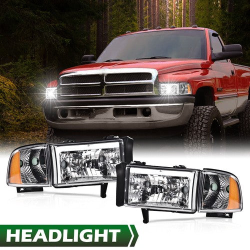 Solid Spare Fit For 1994-2002 Dodge Ram 1500 2500 3500 Amber/Chrome LED Tube Headlights