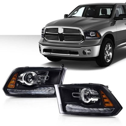Solid Spare Fit For 2009-2018 Dodge Ram 1500 2500 3500 Black Projector Headlights w/ LED DRL