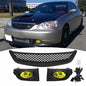 Fit 2001-2003 Honda Civic Sedan Front Mesh Grille Grill & Yellow Lens Fog Lights