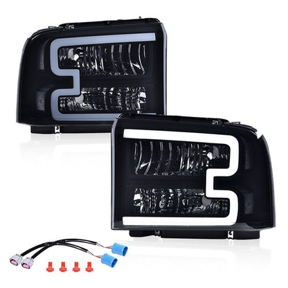 Solid Spare Fit For 05-07 Ford F250 F350 Super Duty Conversion LED DRL Headlights Smoke