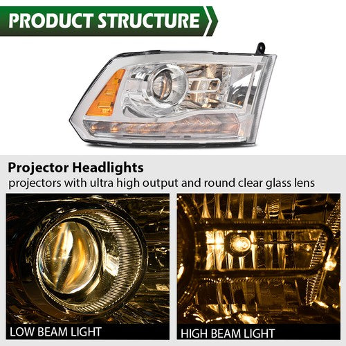 Solid Spare Fit For 2009-2018 Dodge Ram 1500 2500 3500 Chrome Projector Headlights w/LED DRL