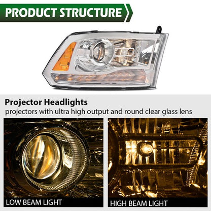 Solid Spare Fit For 2009-2018 Dodge Ram 1500 2500 3500 Chrome Projector Headlights w/LED DRL