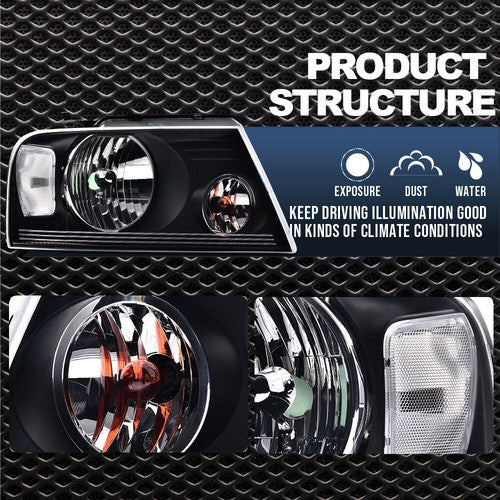 Solid Spare Fit 2004-2008 Ford F150 06-08 Lincoln Mark LT Black Headlights Lamps Left+Right