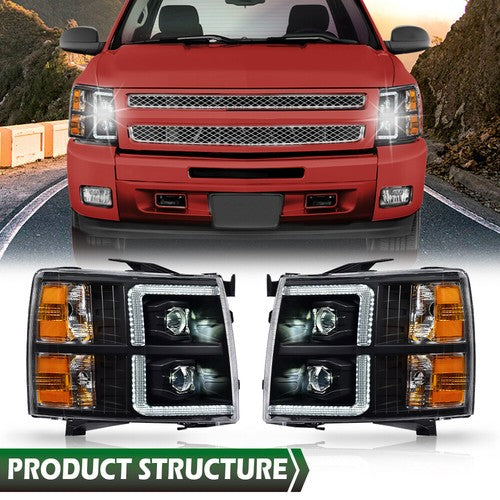 Solid Spare LED DRL Projector Headlights Black Fit For 07-13 Chevy Silverado 1500/2500/3500