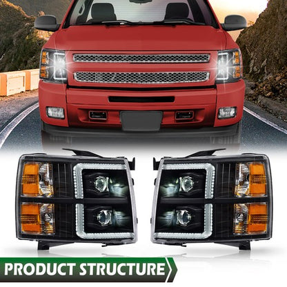 Solid Spare LED DRL Projector Headlights Black Fit For 07-13 Chevy Silverado 1500/2500/3500
