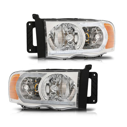 Solid Spare Fit For 2002-2005 Dodge Ram 1500 2500 3500 Clear/Chrome LED Tube DRL Headlights