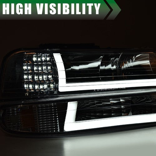 Solid Spare LED DRL Chrome Headlights Fit For 99-02 Chevy Silverado/00-06 Suburban Tahoe