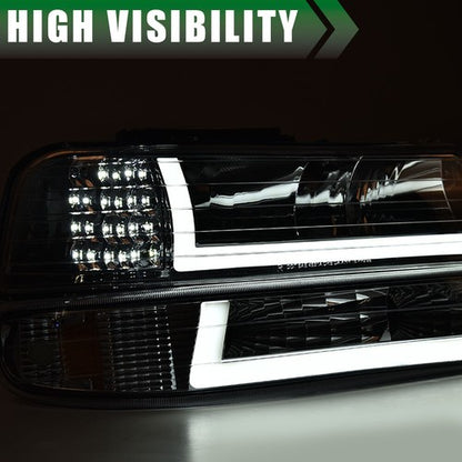 Solid Spare LED DRL Chrome Headlights Fit For 99-02 Chevy Silverado/00-06 Suburban Tahoe
