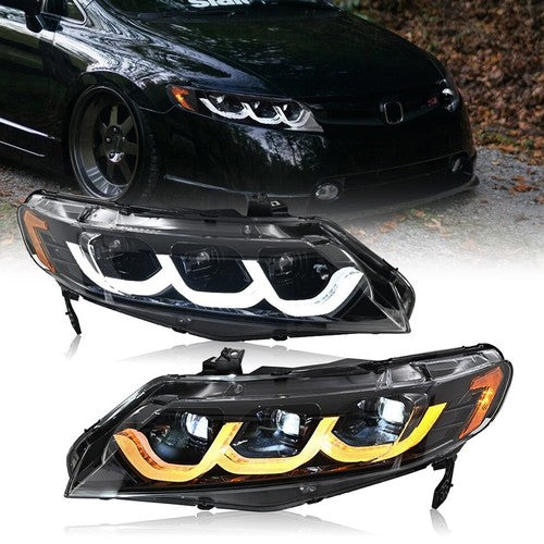 Full LED Headlights For Honda Civic 2006-2011 Sequential Headlamp Assembly Pair
