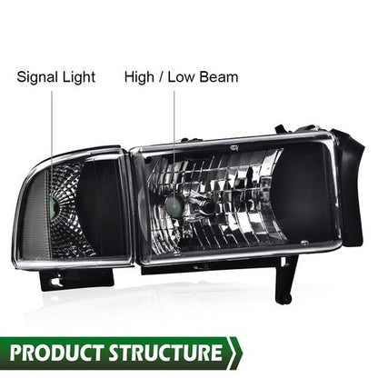 Solid Spare Clear Corner Black Headlights Assembly Fit For 94-02 Dodge Ram 1500 2500 3500
