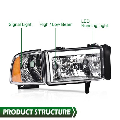 Solid Spare Fit For 1994-2002 Dodge Ram 1500 2500 3500 Amber/Chrome LED Tube Headlights
