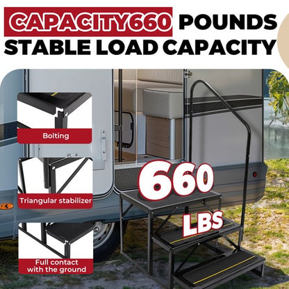 Solid Spare 660lbs Anti-Slip 3 Step Stair W/ Handrail For RV Camper Hot Tub Portable