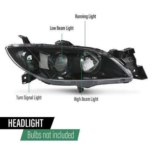 Solid Spare Fit For 2004-2009 Mazda 3 4-Door Sedan Clear Black Halogen Projector Headlights